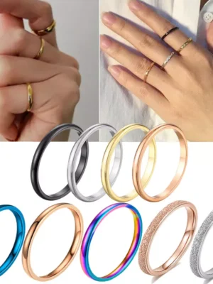 Women Girl 2mm Thin Stackable Ring Stainless Steel Plain Band For Gift Wedding