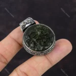 Natural Moldavite Gemstone Pendant Vintage 925 Sterling Silver Jewelry For Women