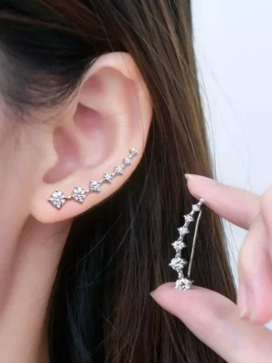 Ear Crawler Climber Cuff Crystal Leaf Star Earrings Silver, Rose Gold